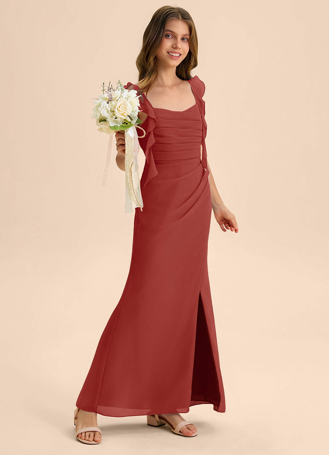 Azazie Jessamine Junior Terracotta Mermaid Sweetheart Neckline Chiffon Dress image3