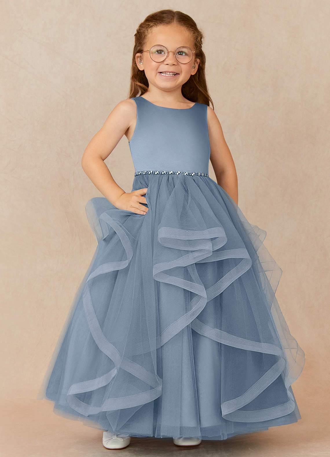 Dusty Blue Flower Girl Dress Lace Tulle Junior Bridesmaid Dress Short Sleeve sold Dress