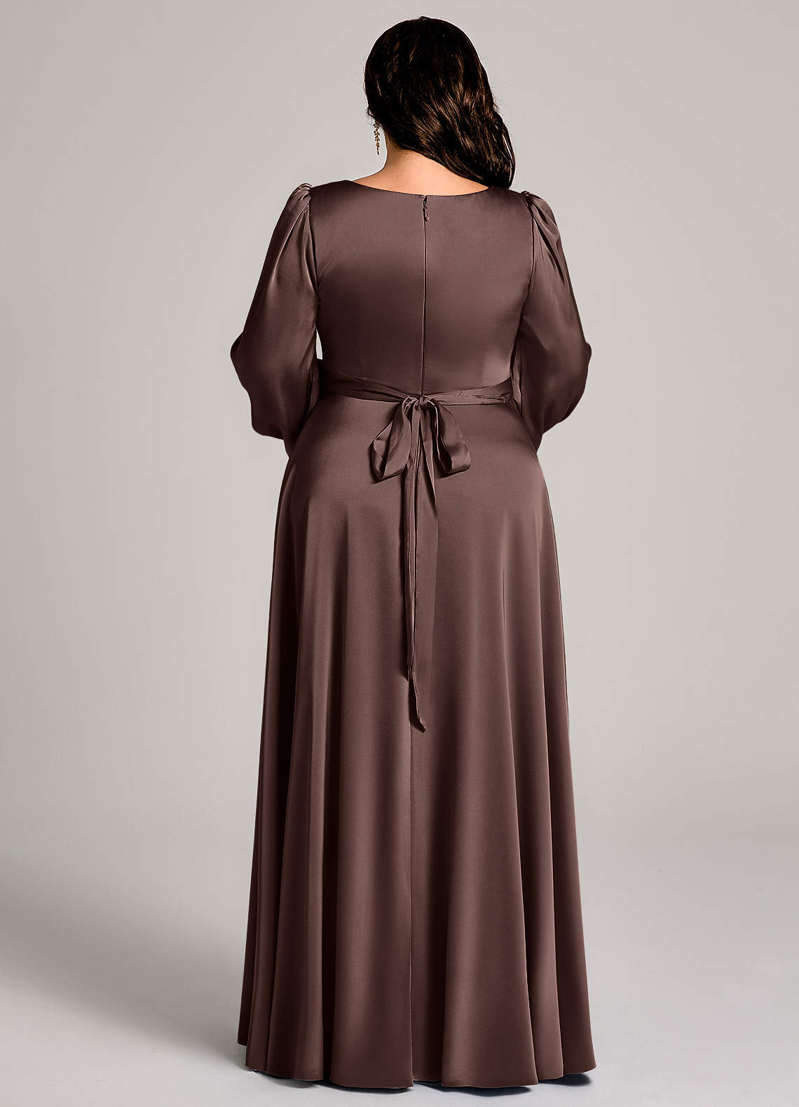 Azazie Leonia Bridesmaid Dresses Ganache A-Line Long Sleeve Stretch Satin Dress image12