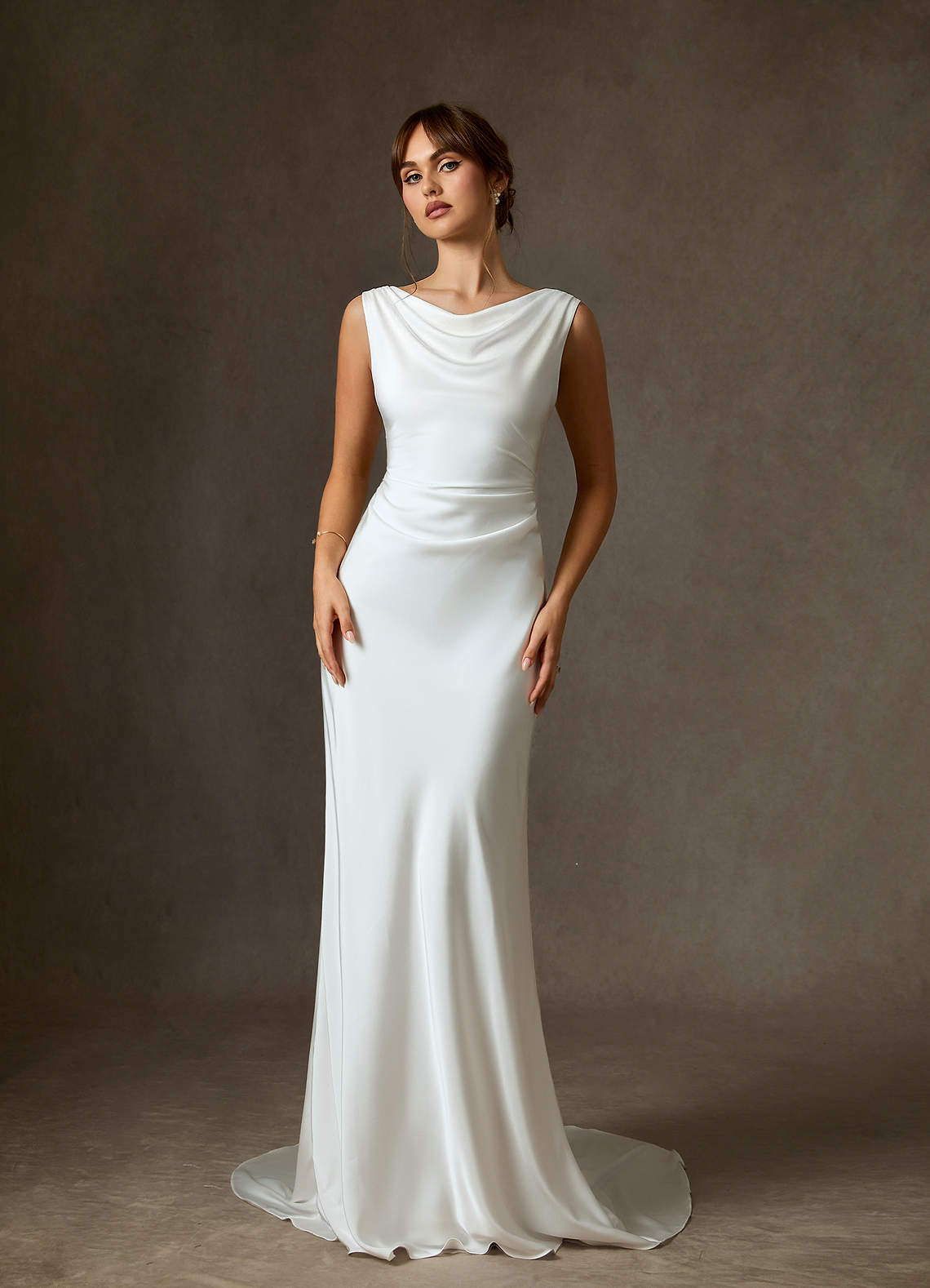 Azazie Kieryn Wedding Dresses Diamond White Fit and Flare Stretch Satin Dress image1