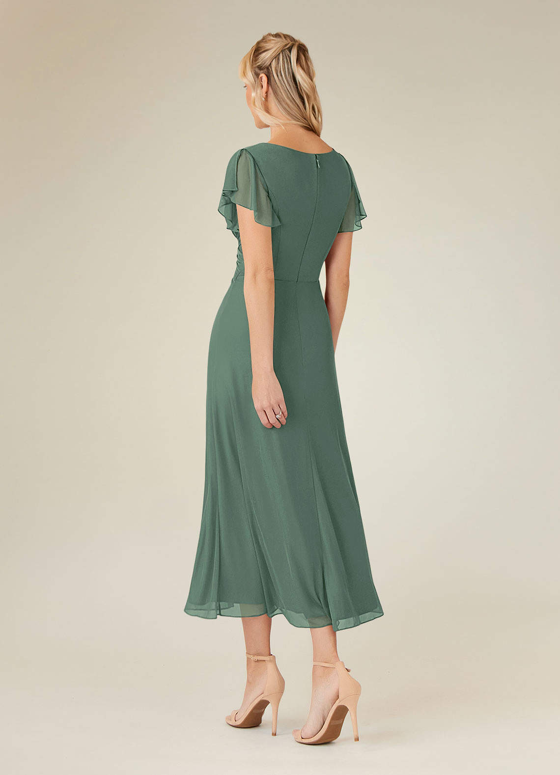 Azazie Vera Mother of the Bride Dresses Eucalyptus A-Line V-Neck Pleated Mesh Dress image2