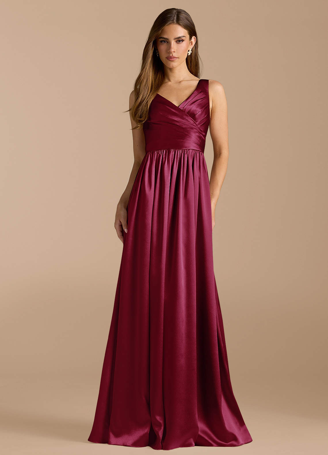Azazie Keyla Bridesmaid Dresses Burgundy A-Line Pleated Metallic Satin Dress image1