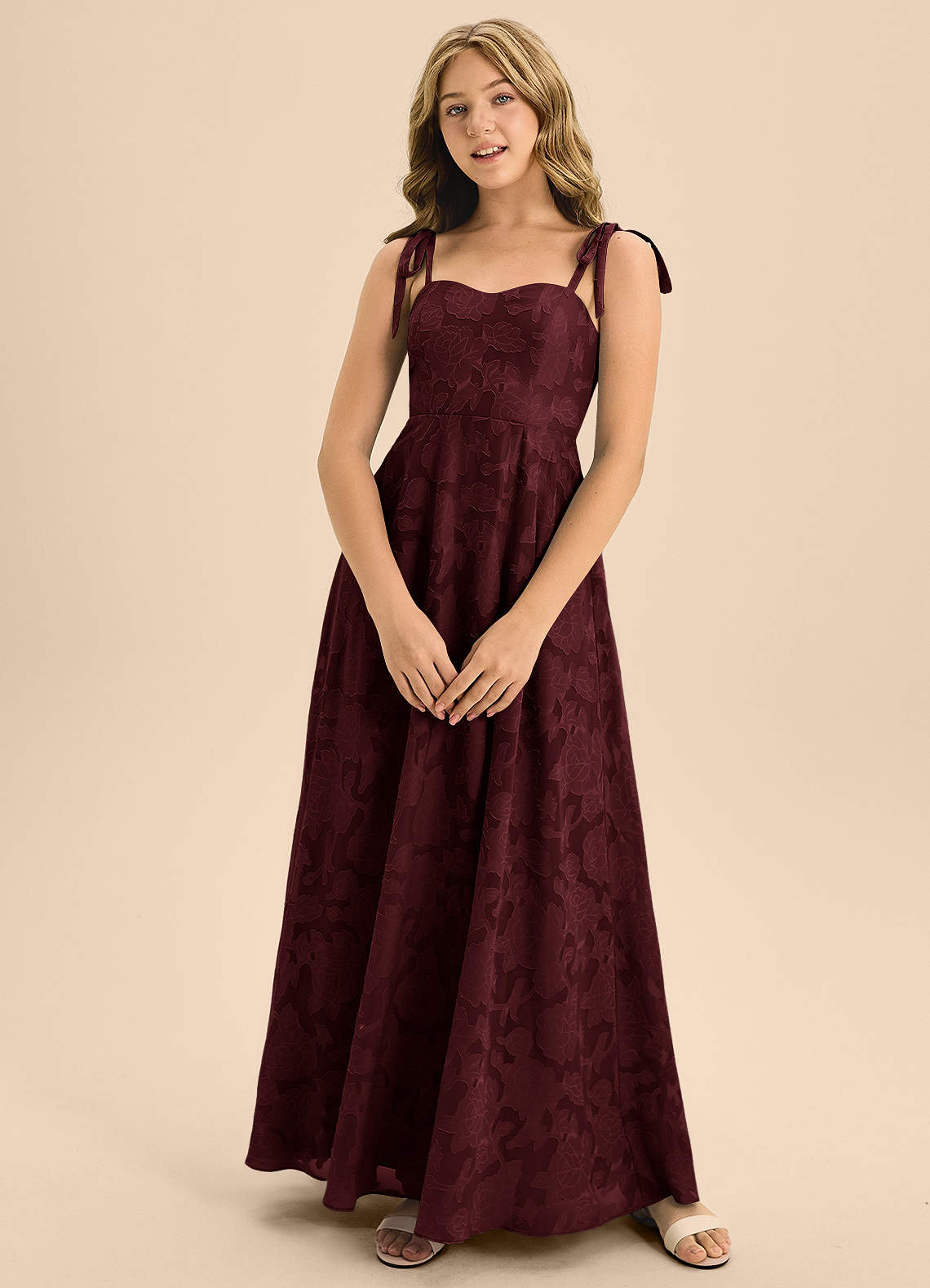 Azazie Rosey Junior Cabernet A-Line Sweetheart Neckline Floral Burnout Dress image1