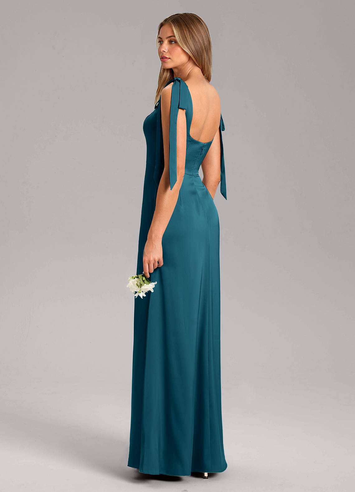 Azazie Frostine Bridesmaid Dresses Ink Blue A-Line Bow Stretch Satin Dress image11