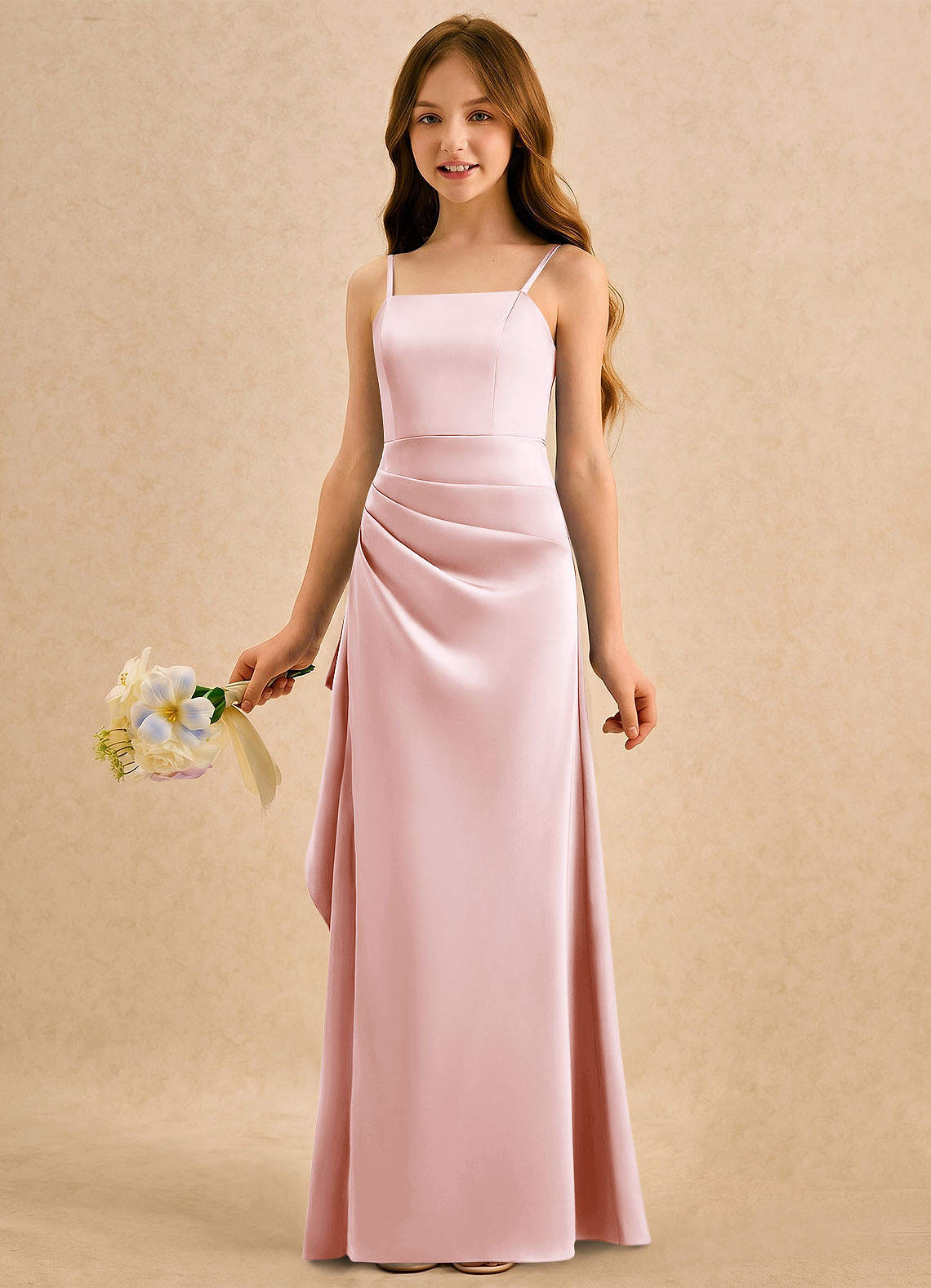 Azazie Cannoli Girls Formal Jurken voor bloemenmeisjes A-Lijn Jurk van Stretch Satijn Geplooide Blozend Roze image2