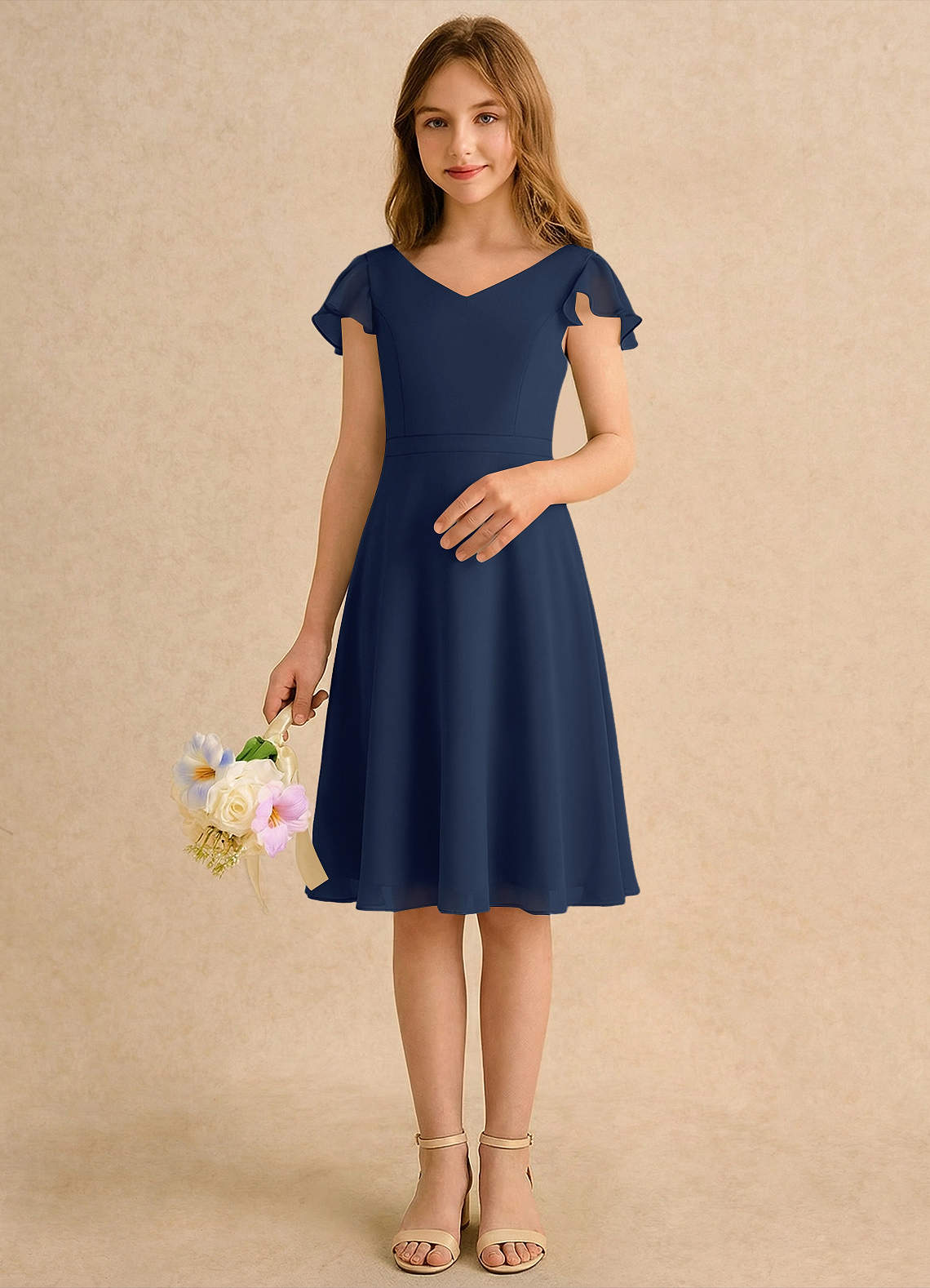 Azazie Narin Girls Formal Sukienki dla dziewczynek sypiących kwiaty Linia A z rękawami Szyfon Długość do kolan Sukienka image2