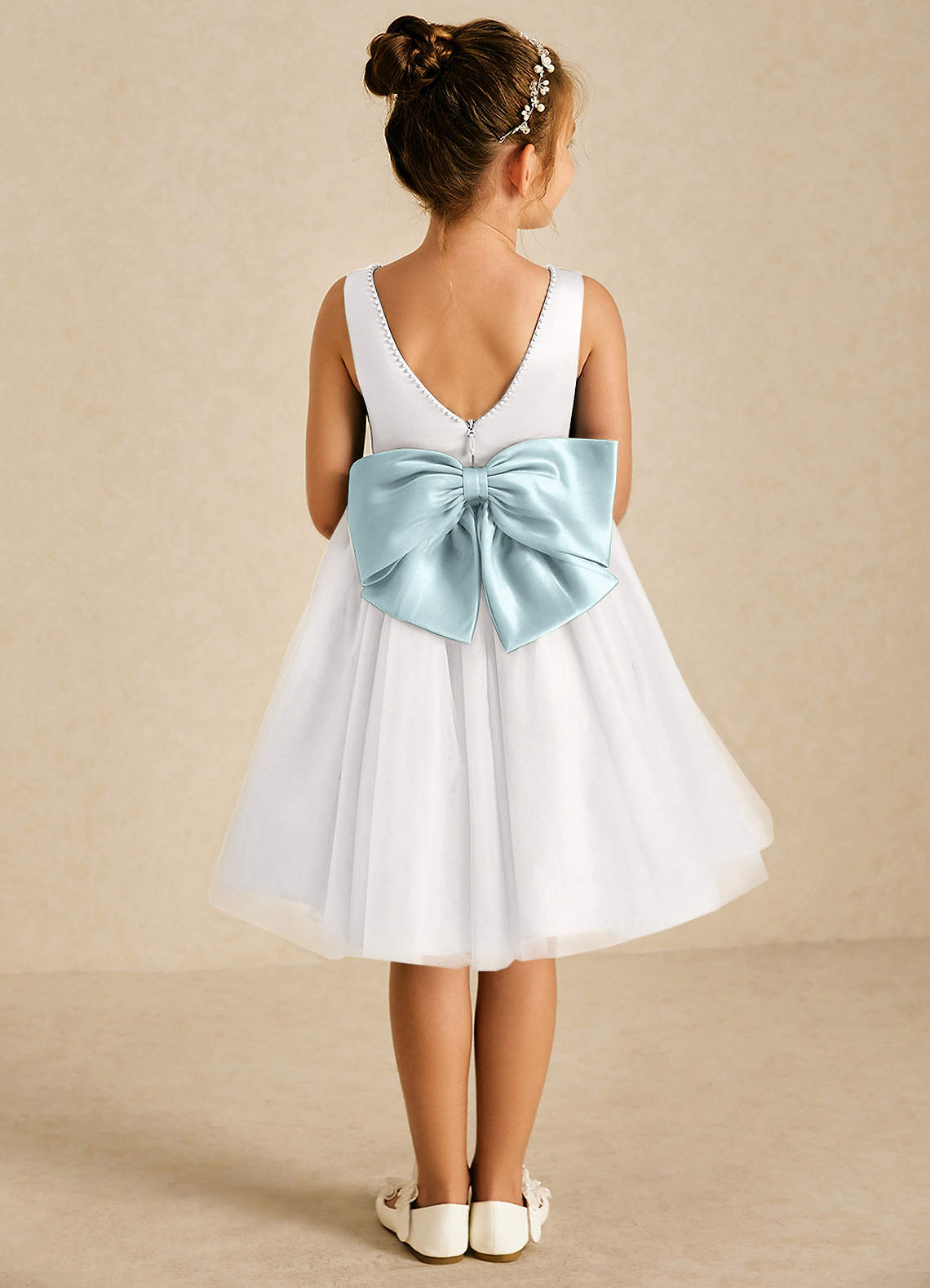 Azazie Seline Flower Girl Dresses Ivory Mist A-Line Bow Tulle Dress image1