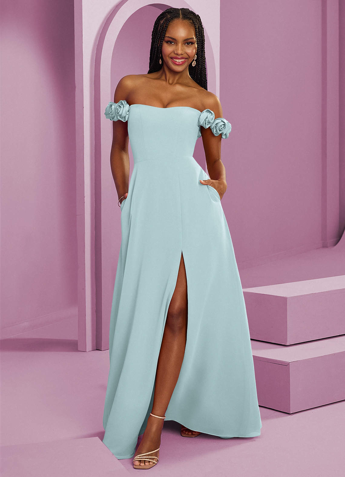 Barbie ♥ Azazie Jurken voor bruidsmeisjes Converteerbaar Jurk van Chiffon met A-Lijn Off the Shoulder De Nevel image1