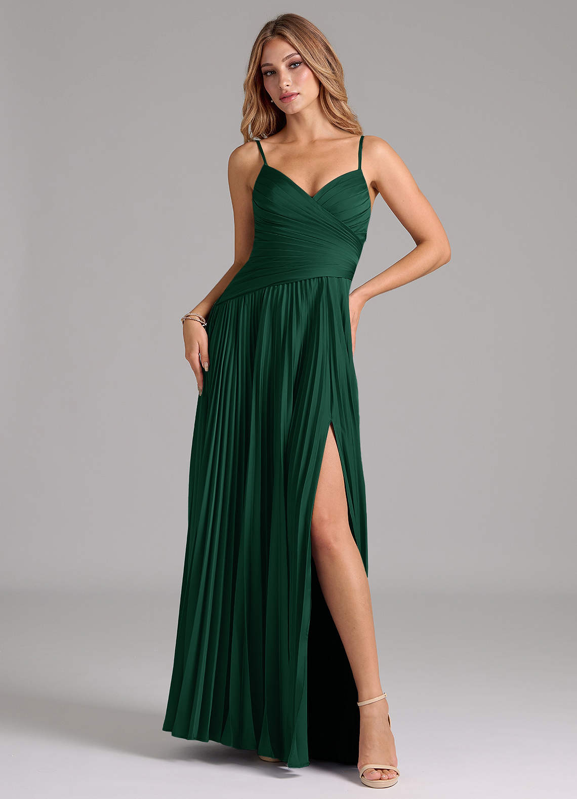 Azazie Vini Bridesmaid Dresses Dark Green A-Line Pleated Stretch Satin Dress image1