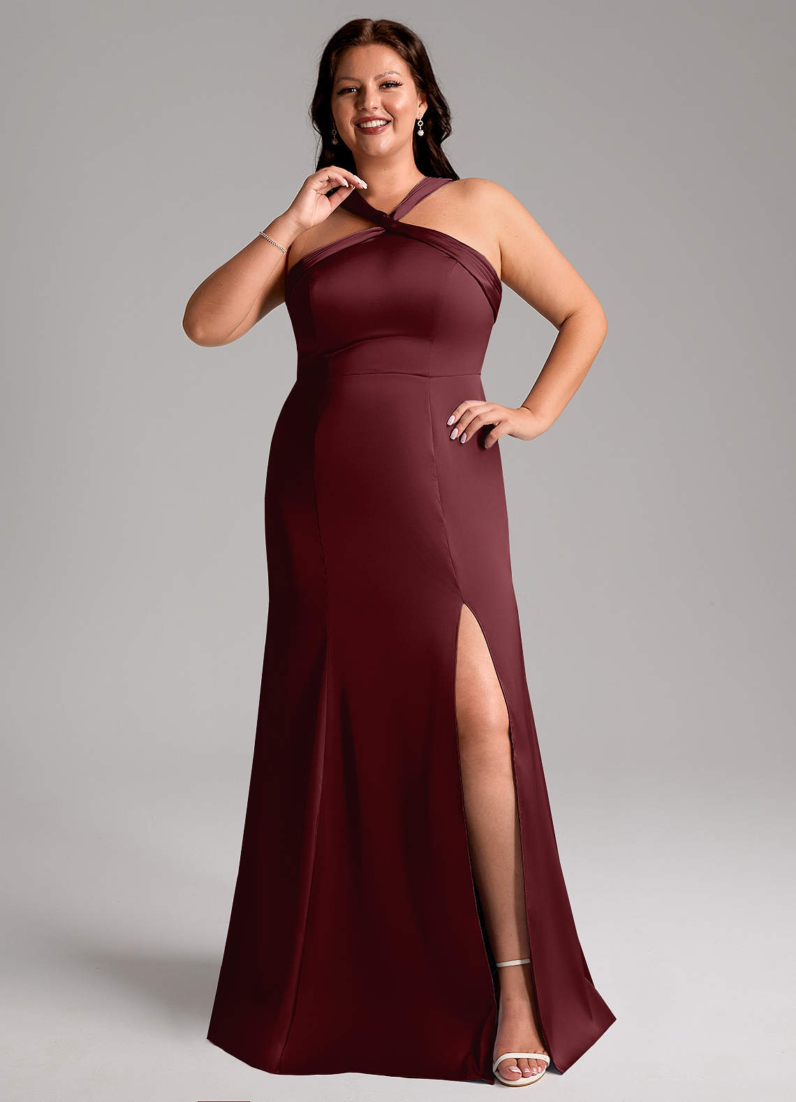 Azazie Rue Bridesmaid Dresses Cabernet A-Line Pleated Stretch Satin Dress image1