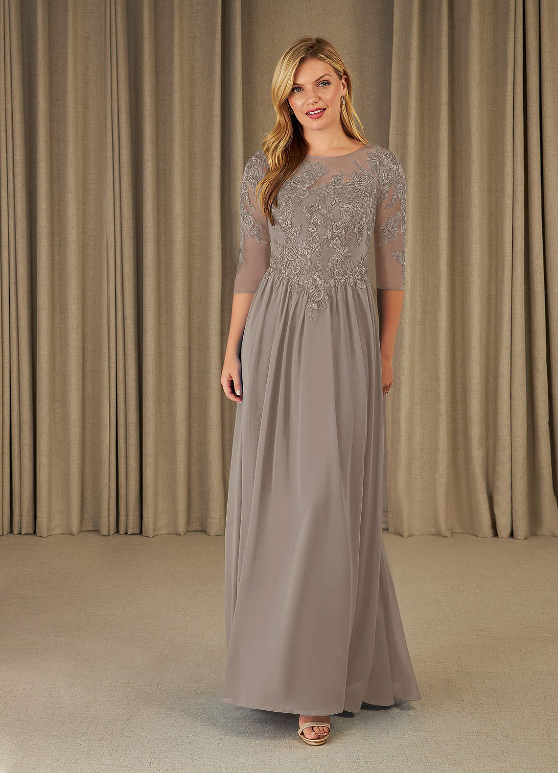 Azazie Mirielle Abiti per la Madre della Sposa Abito A-Line in Chiffon in Pizzo con Scollo a U Taupe image1