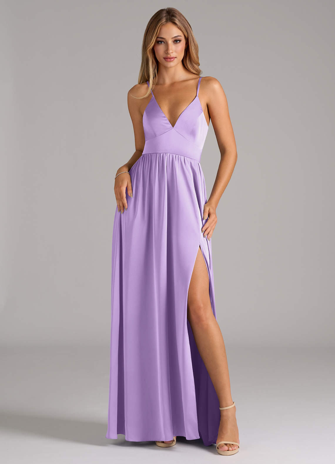 Azazie Aaida Bridesmaid Dresses Lilac A-Line Corset Stretch Satin Dress image1