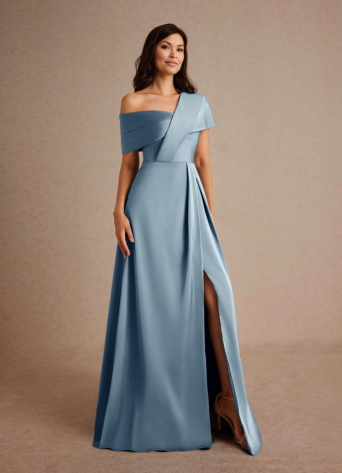 Azazie Milton Mother of the Bride Dresses Dusty Blue A-Line Pleated Stretch Satin Dress image7