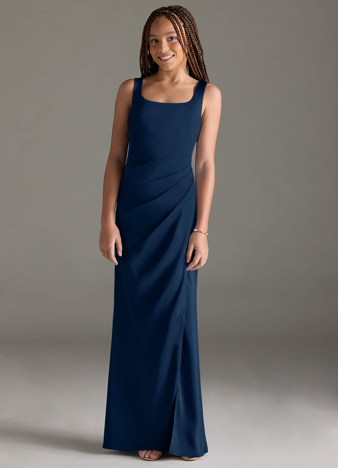 Azazie Mero Junior Dark Navy Mermaid Pleated Stretch Satin Dress image1