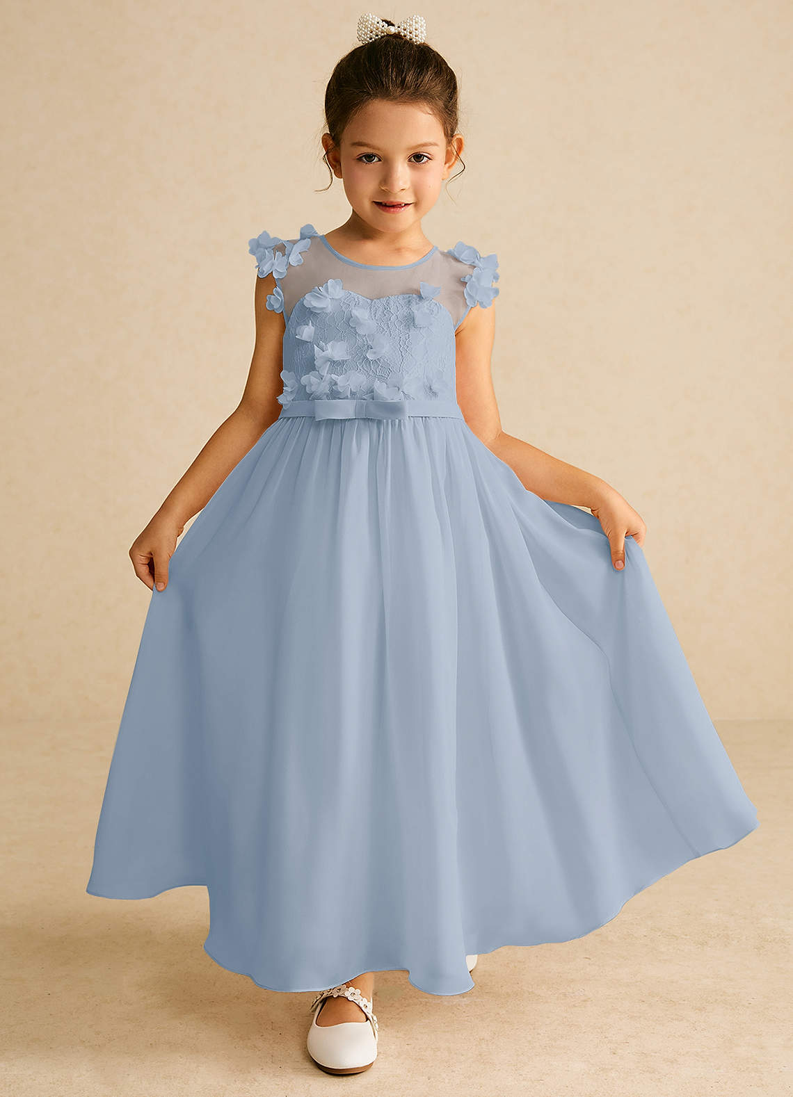 Azazie Arlo Blumenmädchenkleider A-Linie Schleifen Chiffon Kleid Staubblau image1