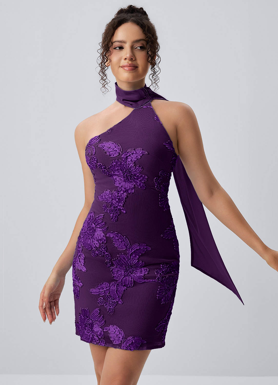 plum halter dress Azazie Mermaid Short Homecoming Dresses Lace Flowers 3D Flower apparel velvet