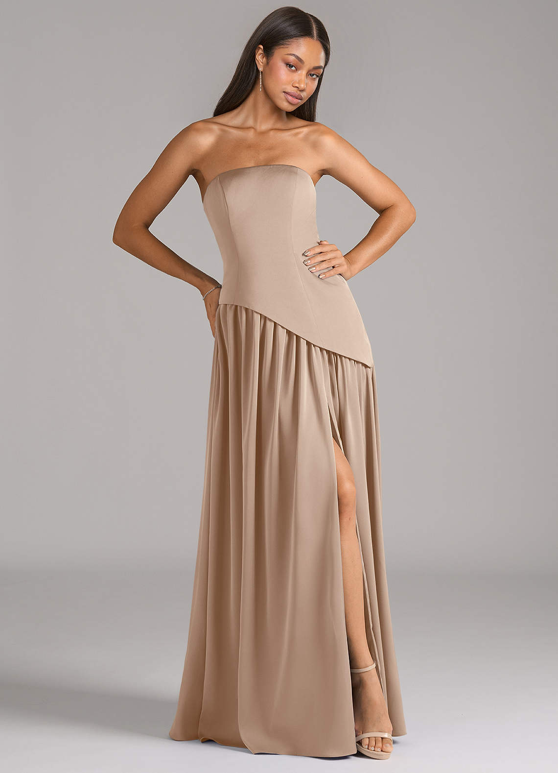 Azazie Adeline Taupe Stretch Satin Bridesmaid Dresses | Azazie