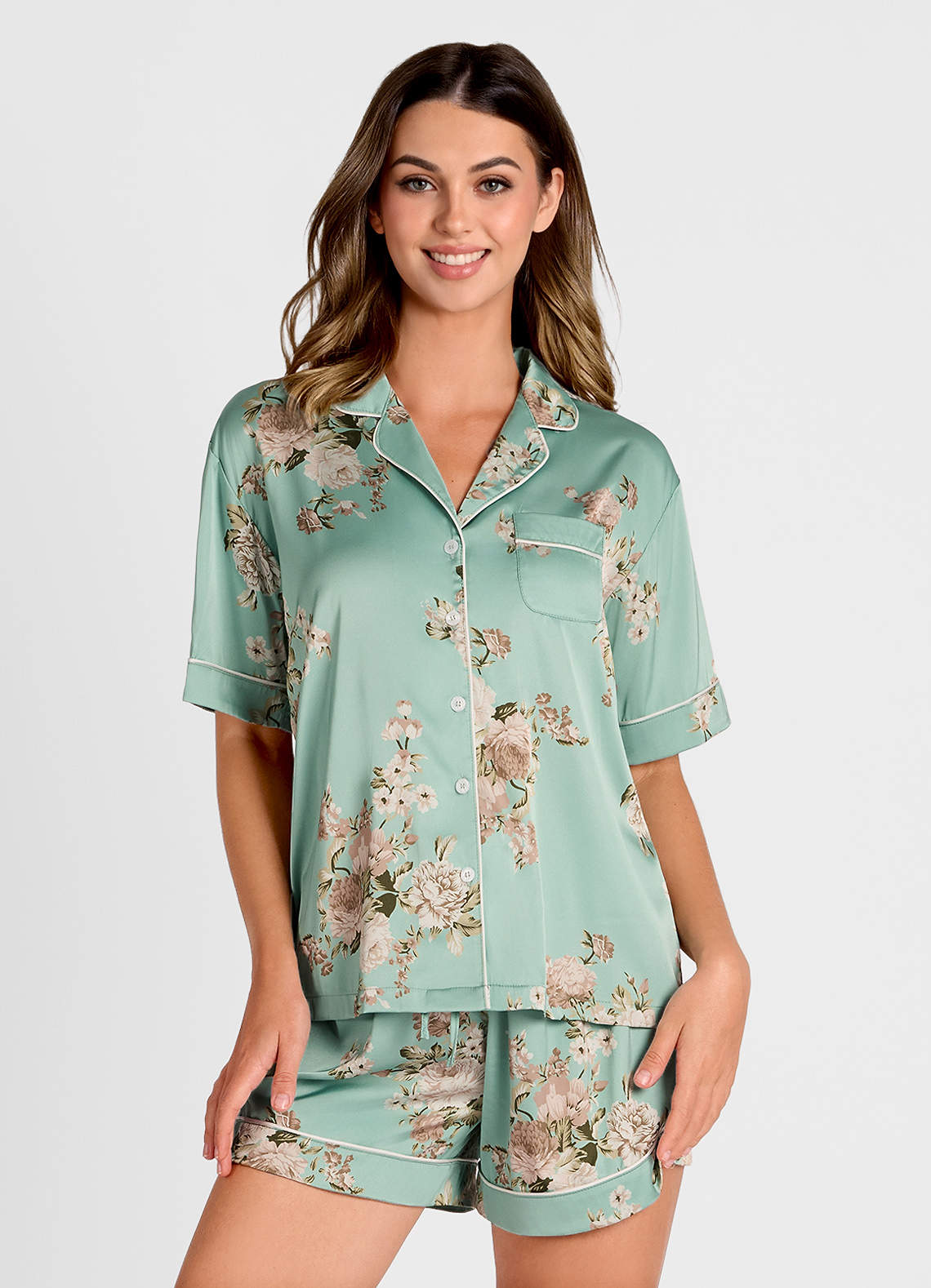 front Satin Printed Piping Pajama Set