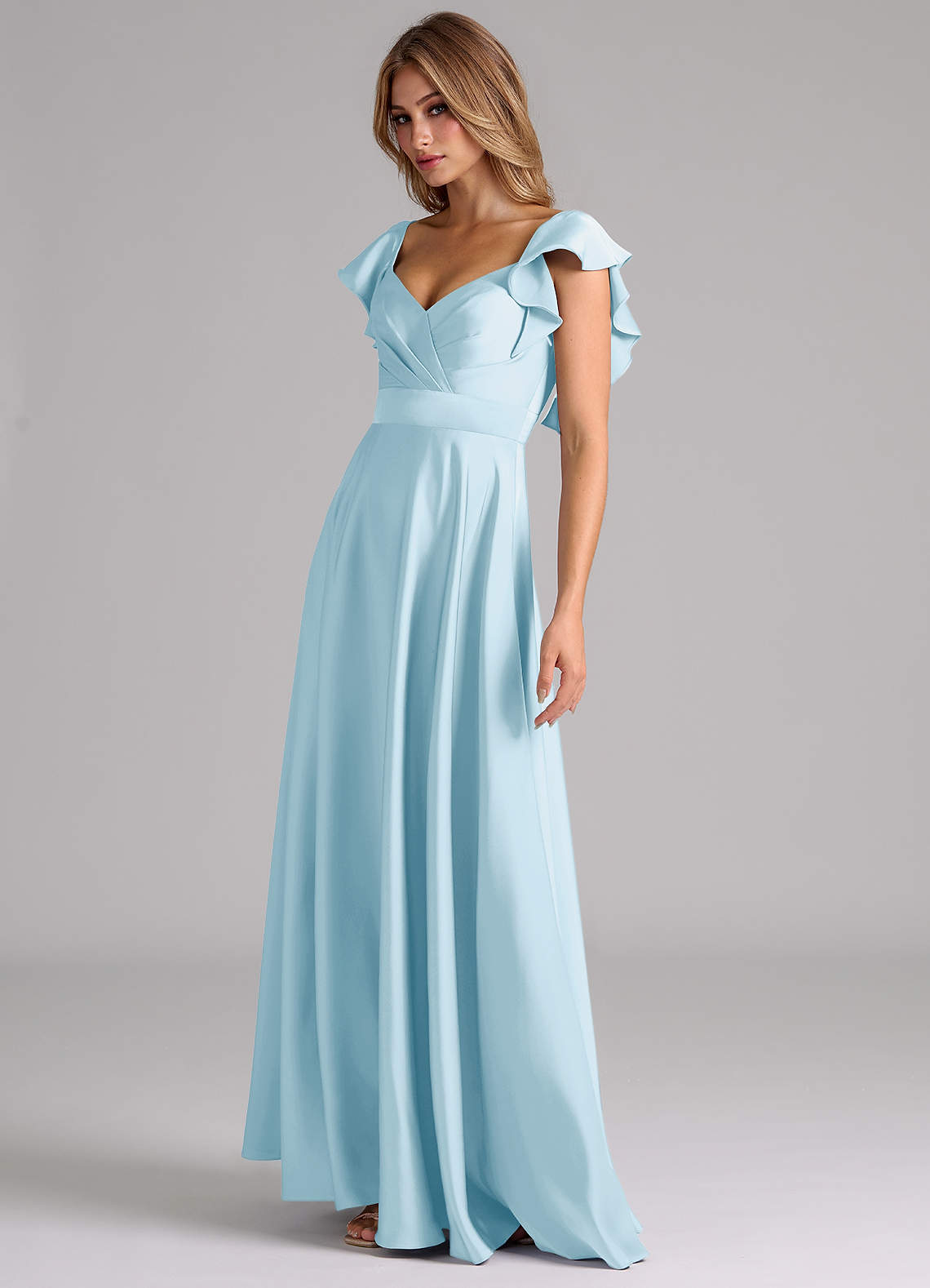 Azazie Leilani Bridesmaid Dresses Sky Blue A-Line Ruched Stretch Satin Dress image7