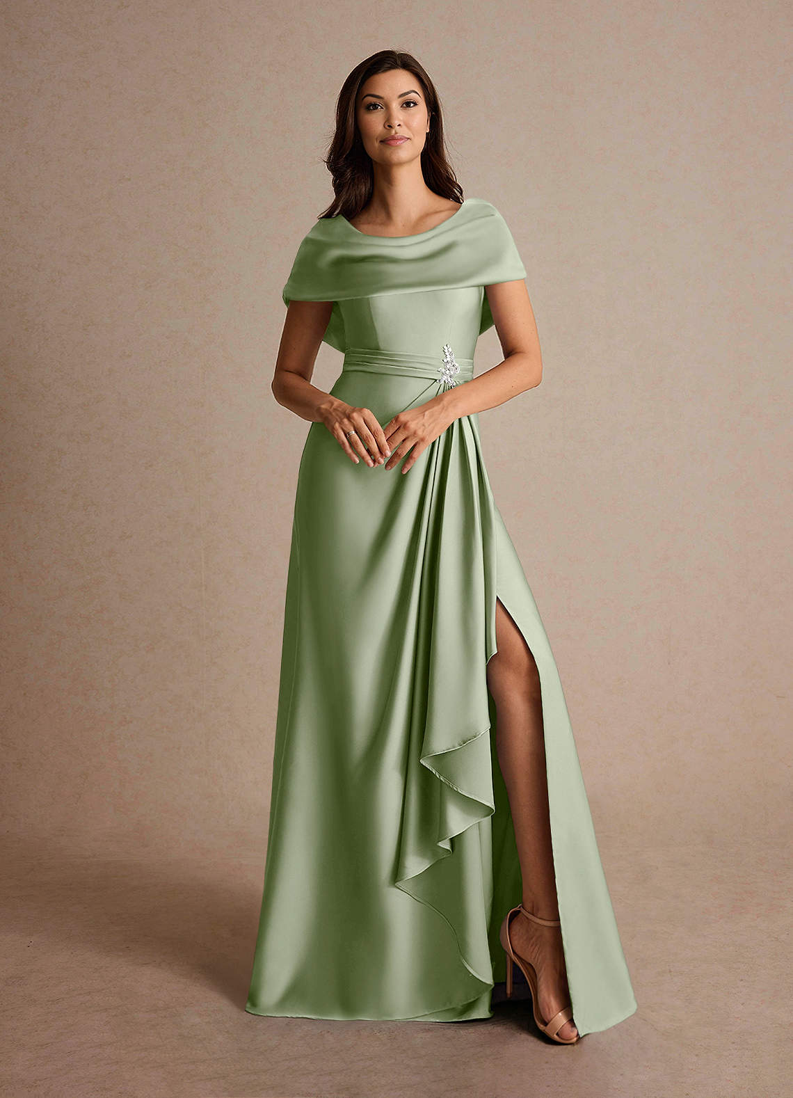 Azazie Branford Mother of the Bride Dresses Dusty Sage A-Line Pleated Stretch Satin Dress image6