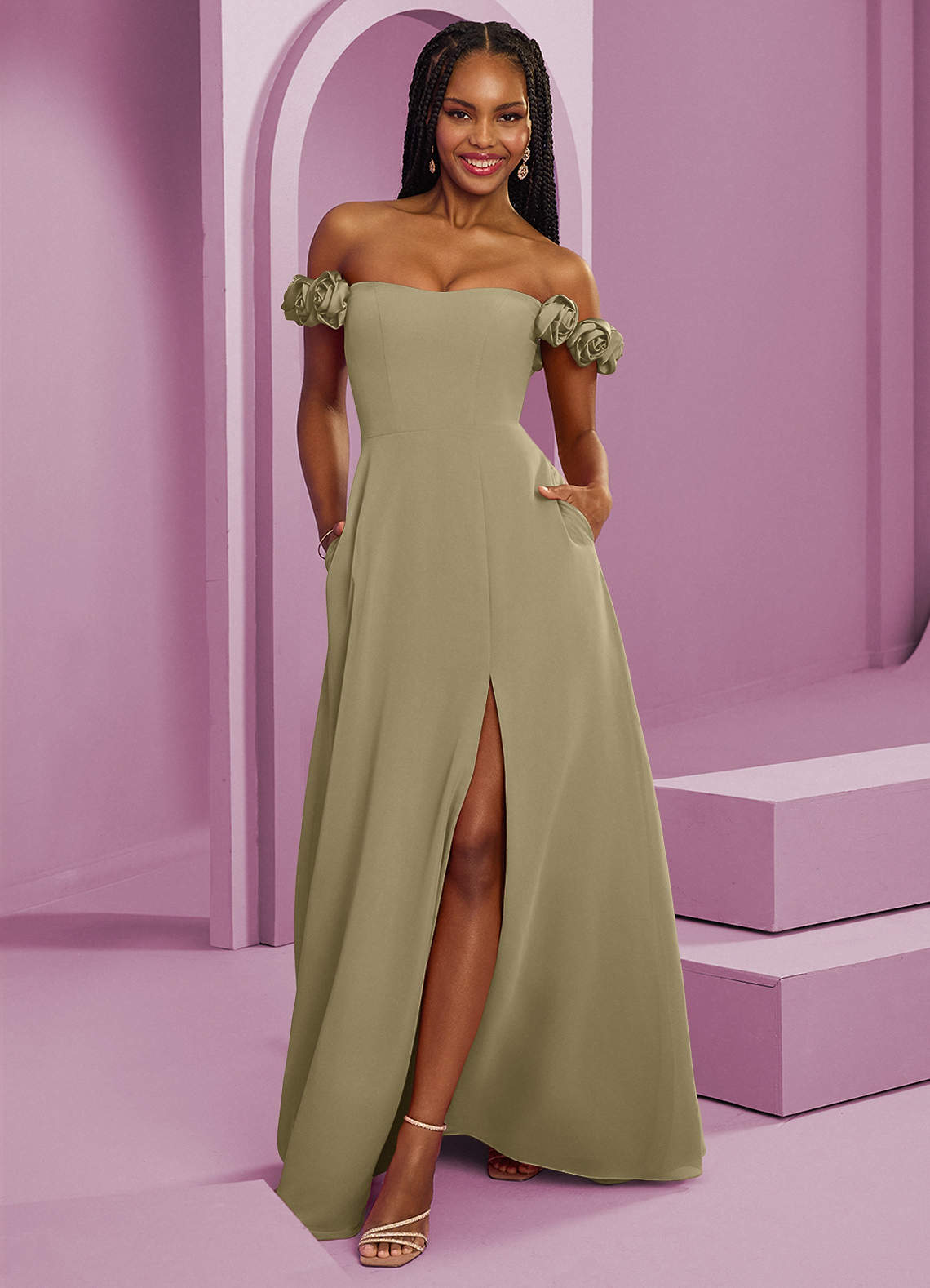 Barbie ♥ Azazie Bridesmaid Dresses Moss Green A-Line Off the Shoulder Chiffon Convertible Dress image1