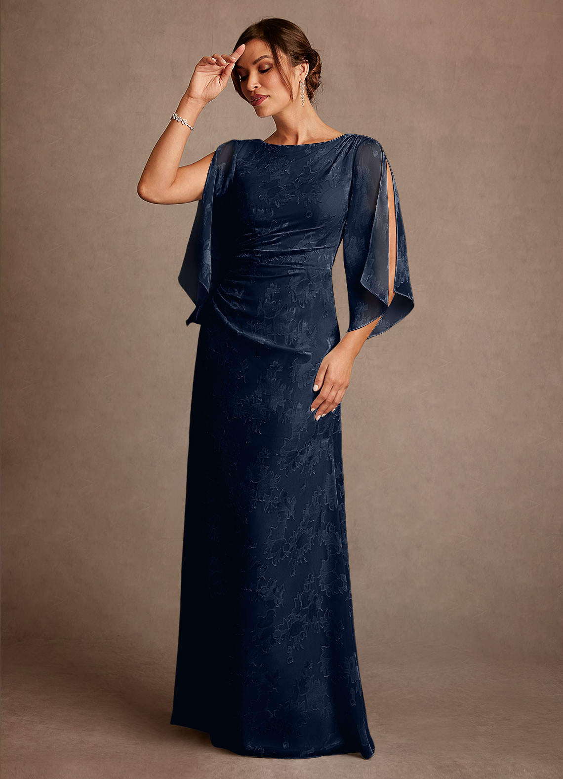 Azazie Anaheim Mother of the Bride Dresses Dark Navy Sheath Pleated Floral Burnout Dress image1