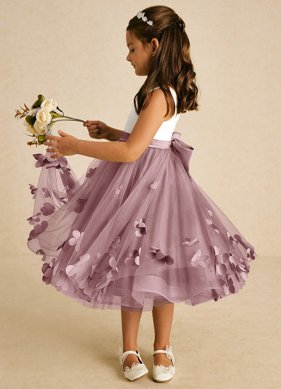 Azazie Sprout Flower Girl Dresses Dusty Rose A-Line Bow Tulle Dress image3