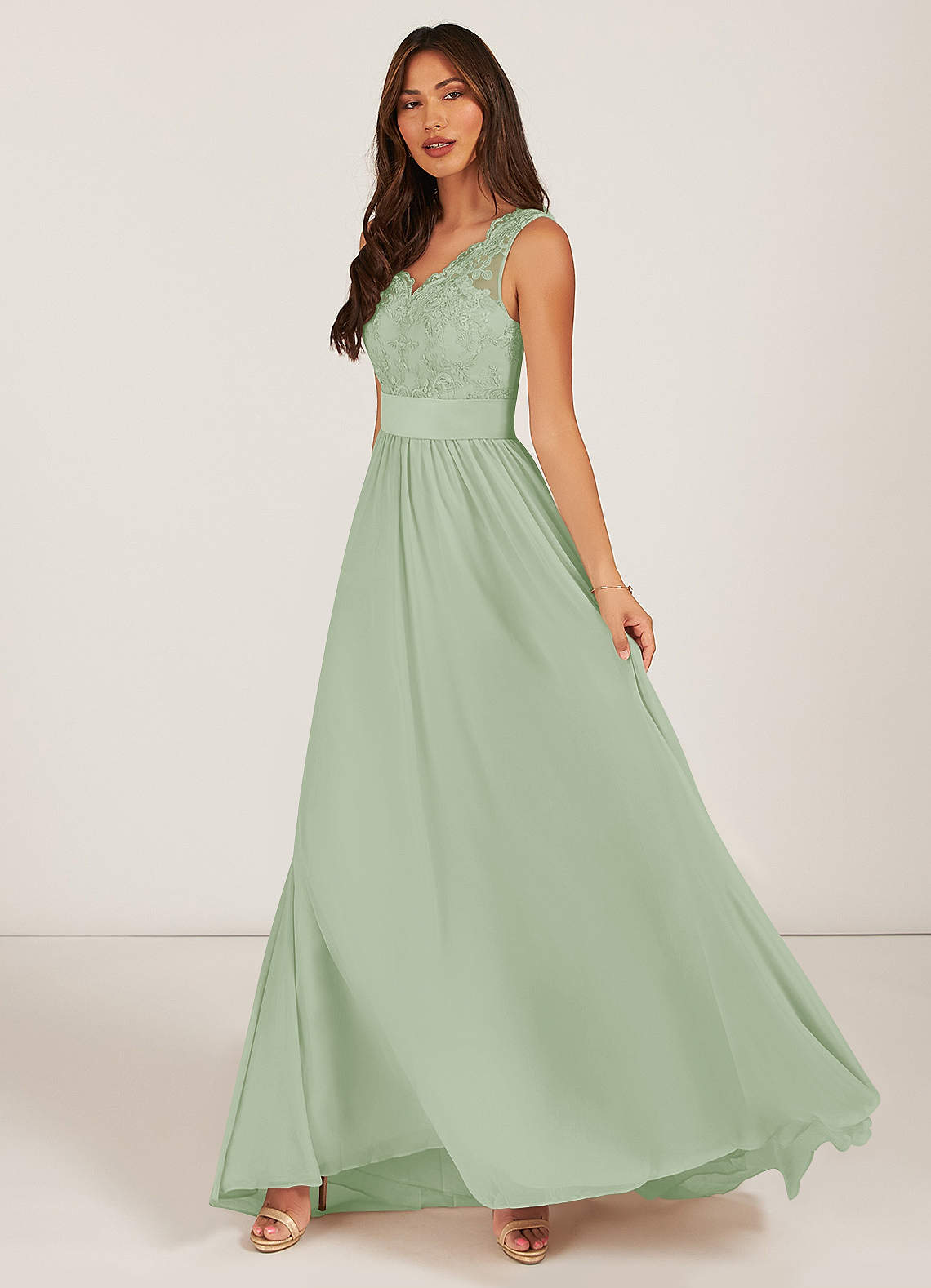 Azazie Gertrude Bridesmaid Dresses Dusty Sage A-Line Lace Chiffon Dress image2