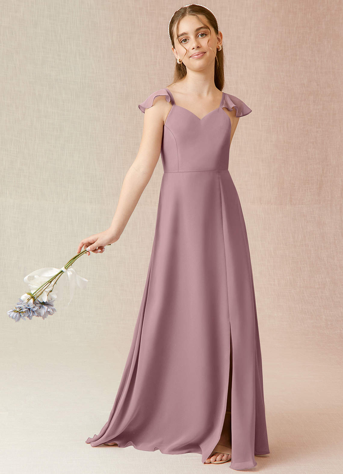 Azazie Everett Junior Vestido de Rosa Polvorienta de Gasa de Corte En A image1