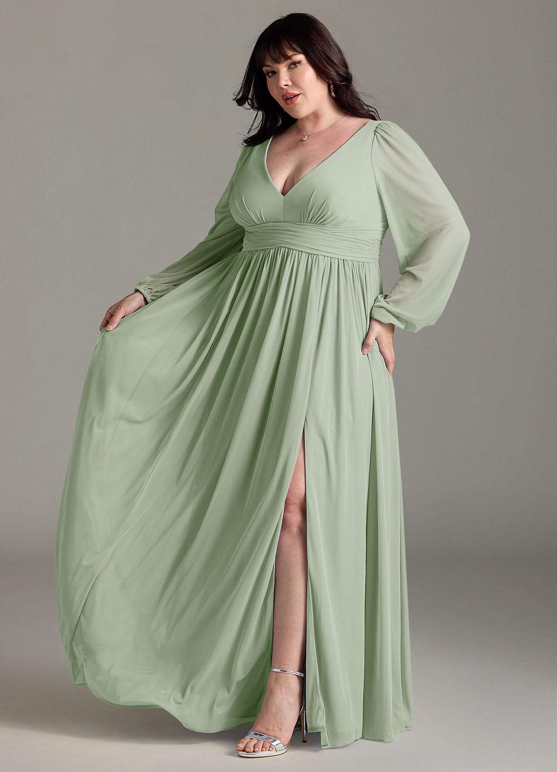Azazie Norah Abiti da Damigella Abito A-Line in Chiffon con Maniche lunghe e Scollo a V Verde Salvia image9