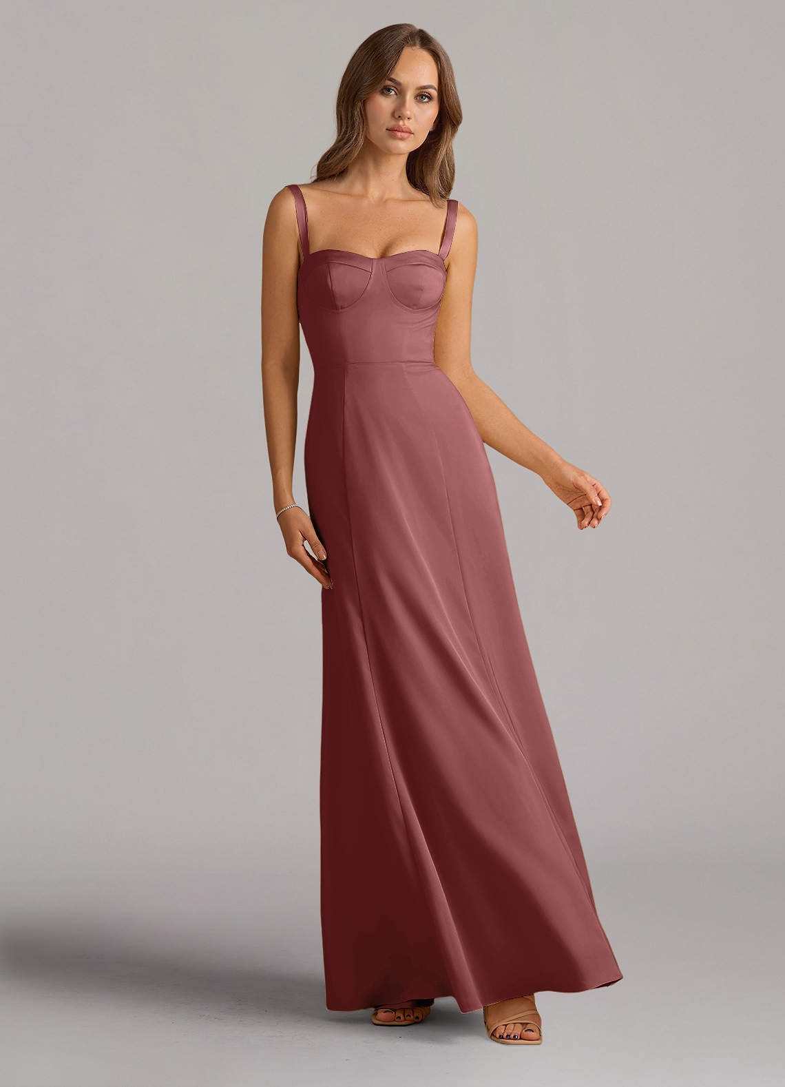 Azazie Amaris Vestidos de damas de honor Vestido de Amatista de Satén Elástico de Corte en A con Corsé image1