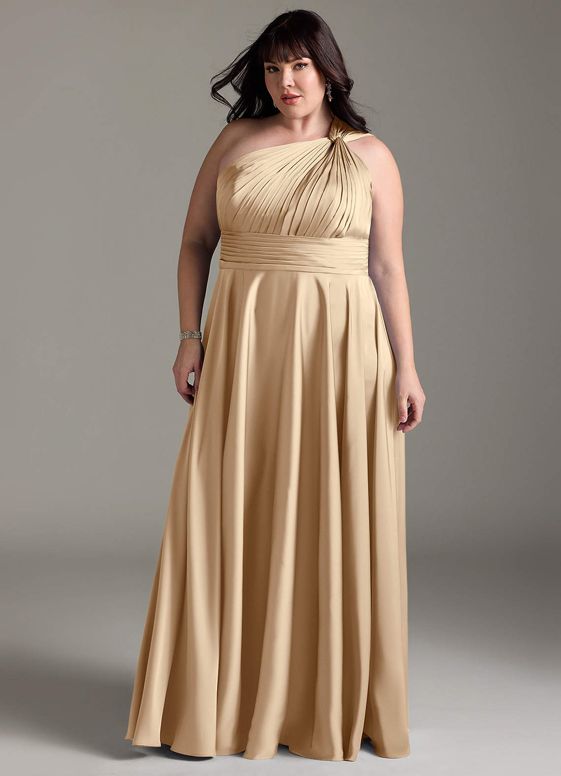 Azazie Charlize Bridesmaid Dresses Champagne A-Line One Shoulder Stretch Satin Dress image12