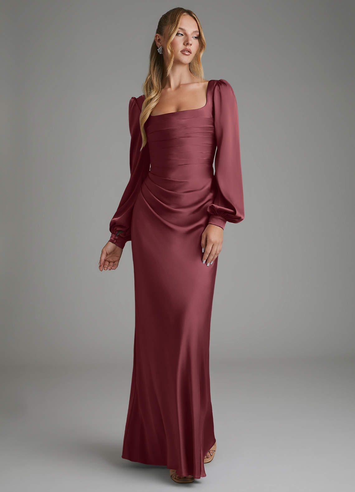 merlot bridesmaid dresses Azazie Mermaid Square Neck Long Sleeve Floor-Length Stretch Satin AMSALE Asymmetric Jersey Gown Features: Ruching DANA in Merlot is Color:M-Green Black
