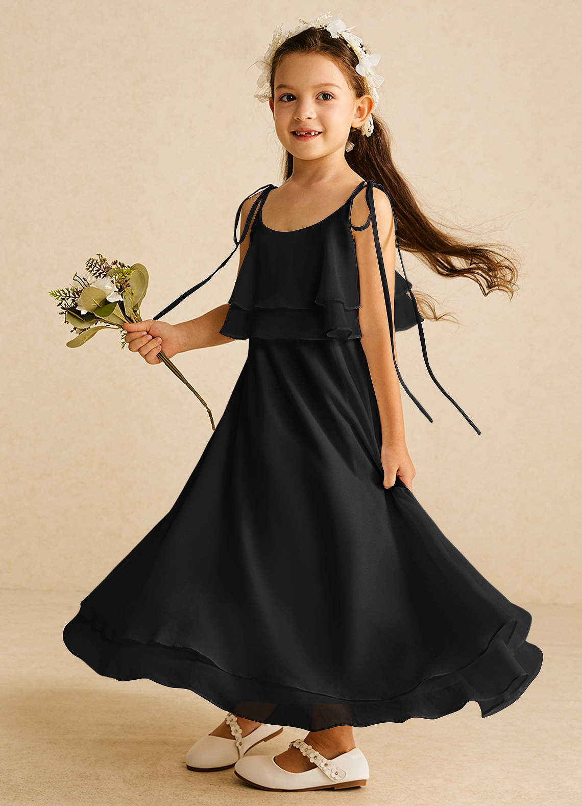 Azazie Temi Flower Girl Dresses Black A-Line Spaghetti Strap Chiffon Dress image1