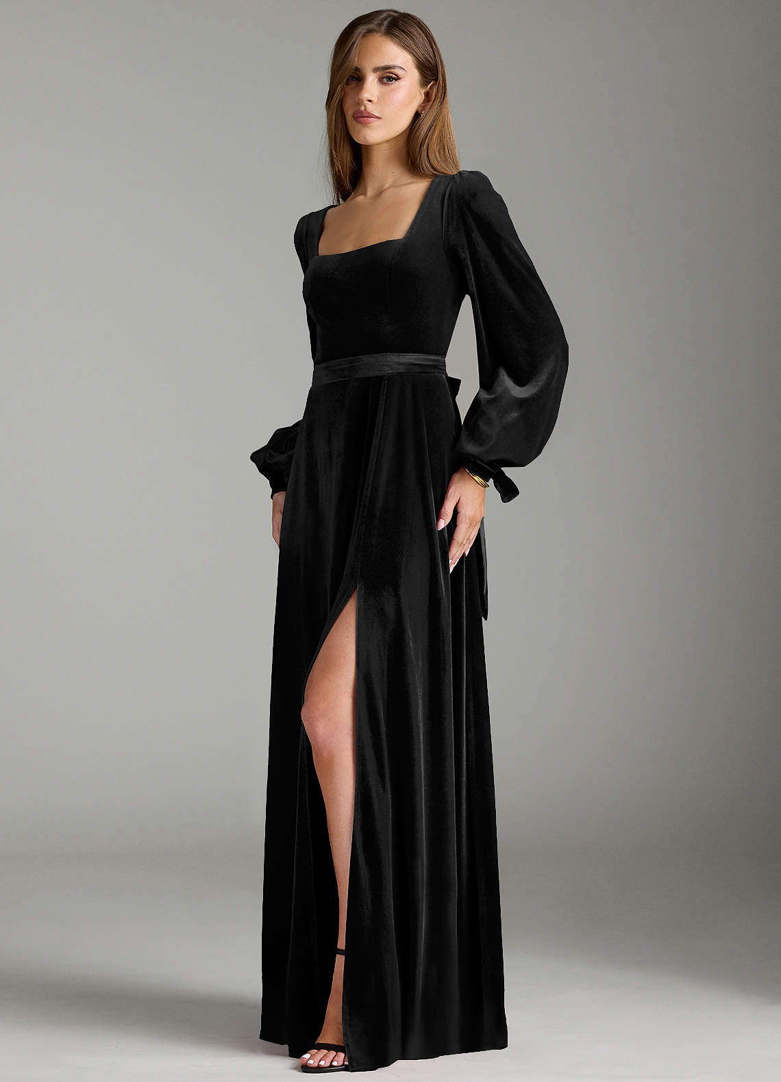 Azazie Leonia Bridesmaid Dresses Black A-Line Long Sleeve Velvet Dress image4