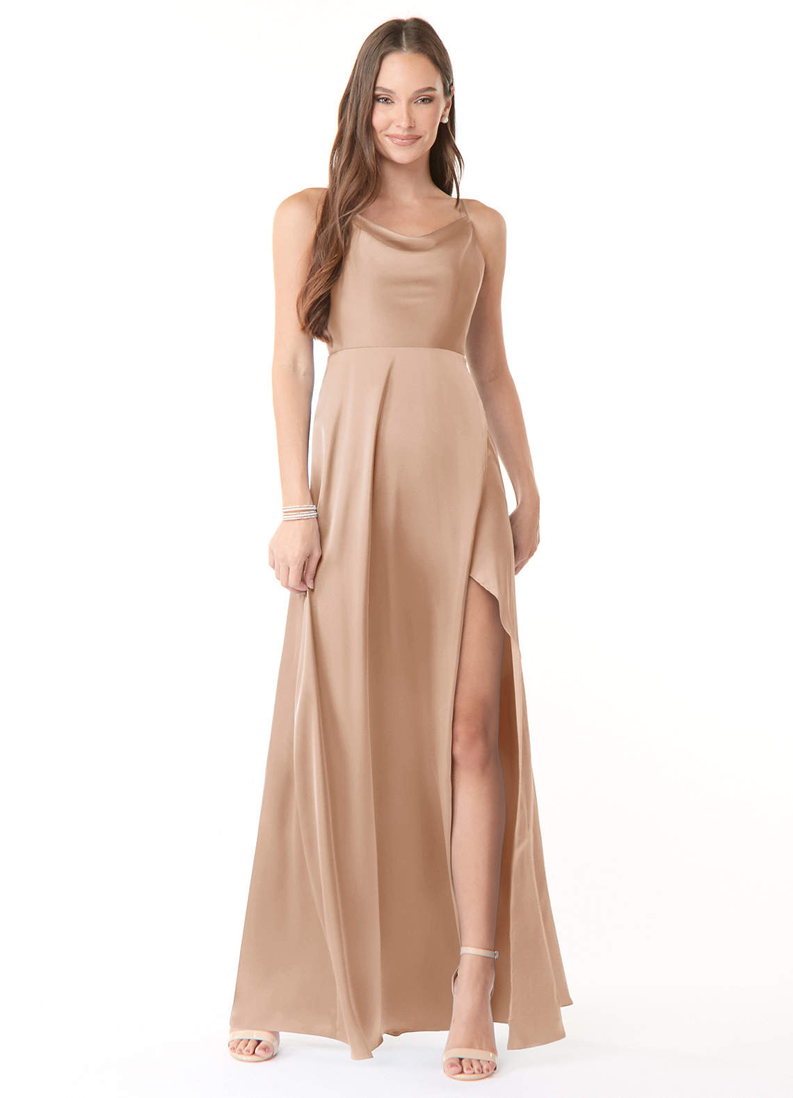 Azazie Naomie Abiti da Damigella Abito A-Line in Raso Elasticizzato con Scollo a Cappuccio e Spacco Laterale Rosa Inglese image1