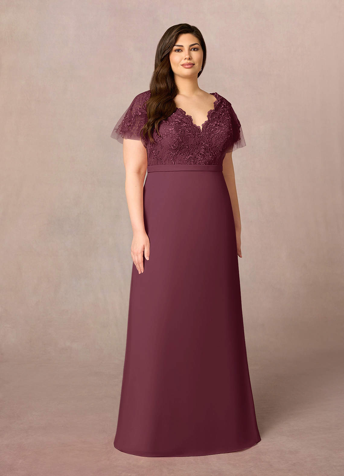 Azazie Singer Mère de la mariée Robes Robe Trapèze en Mousseline de soie Col V Dentelle Cabernet image1
