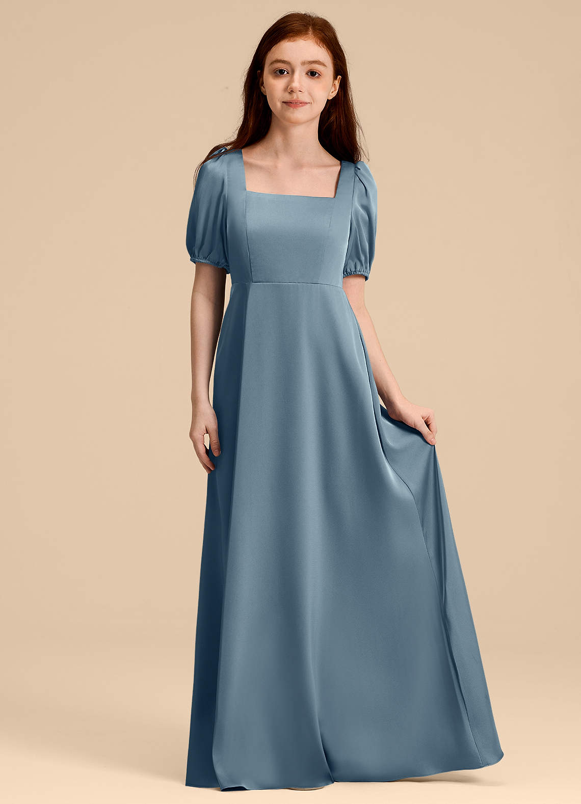 Azazie Briar Junior Robe Trapèze en Satin extensible Arc Bleu Poussiéreux image2