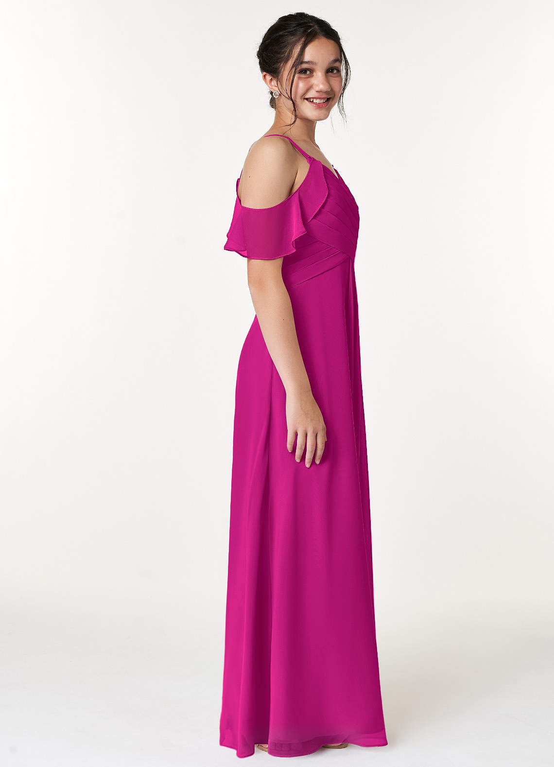 Azazie Dakota Junior Fuchsia A-Line Off the Shoulder Chiffon Dress image2
