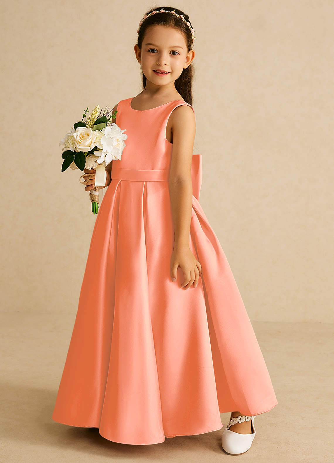 Azazie Pipsy Flower Girl Dresses Sunset A-Line Bow Matte Satin Dress image1