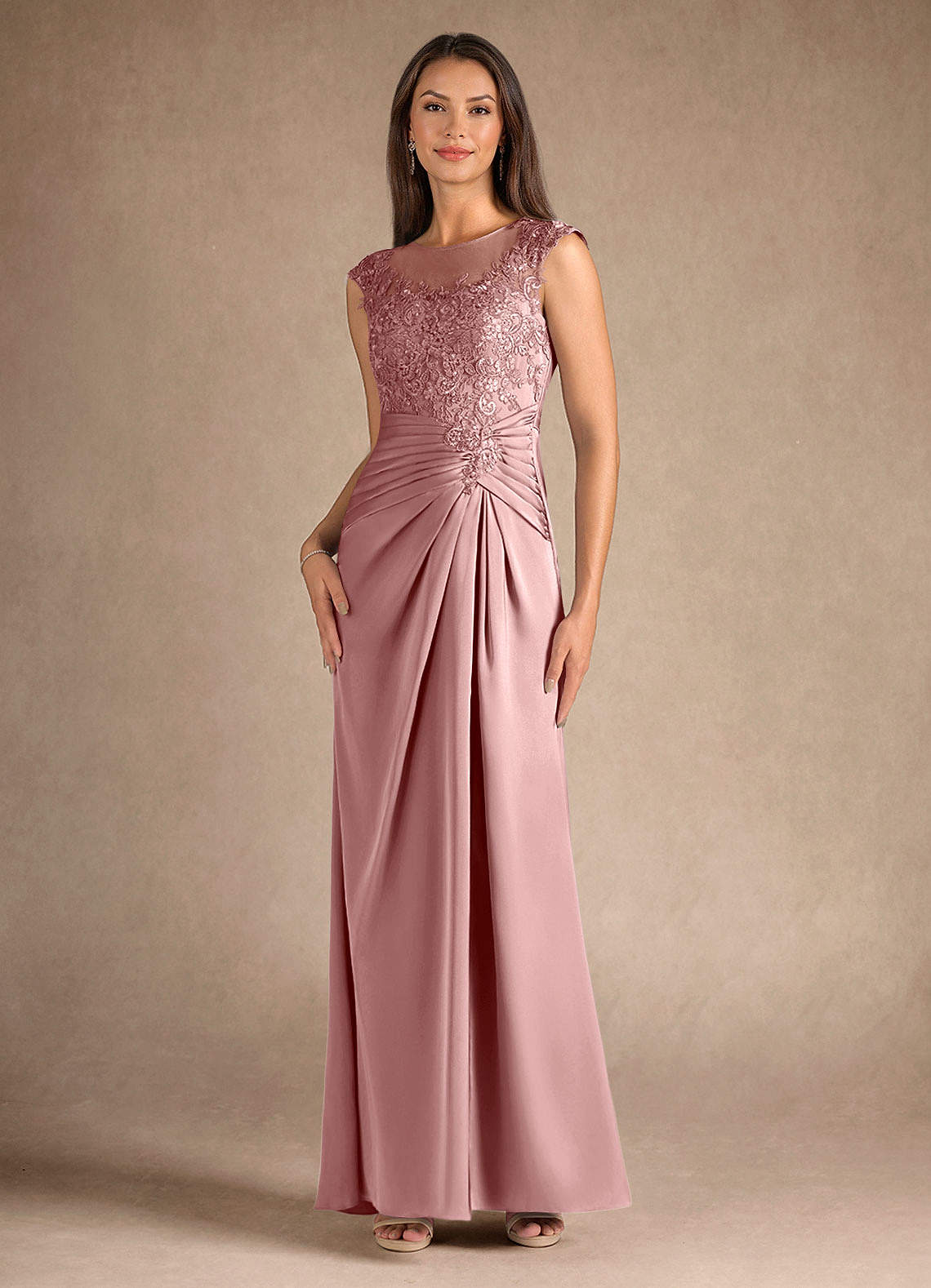 Azazie Santa Barbara Mother of the Bride Dresses Dusty Rose Sheath Pleated Stretch Satin Dress image3