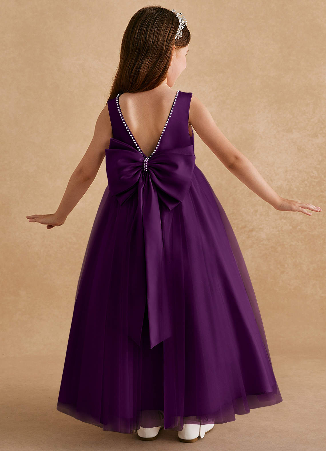 Azazie Cookie Flower Girl Dresses Grape A-Line Bow Tulle Dress image1