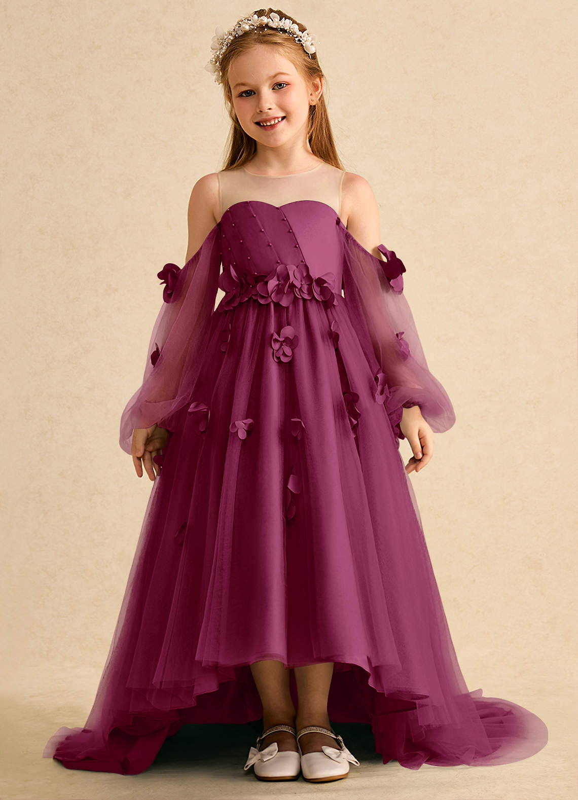 Azazie Karrie vestidos de niña de las flores Vestido de Mora de Tul de Corte En A con Con mangas image1