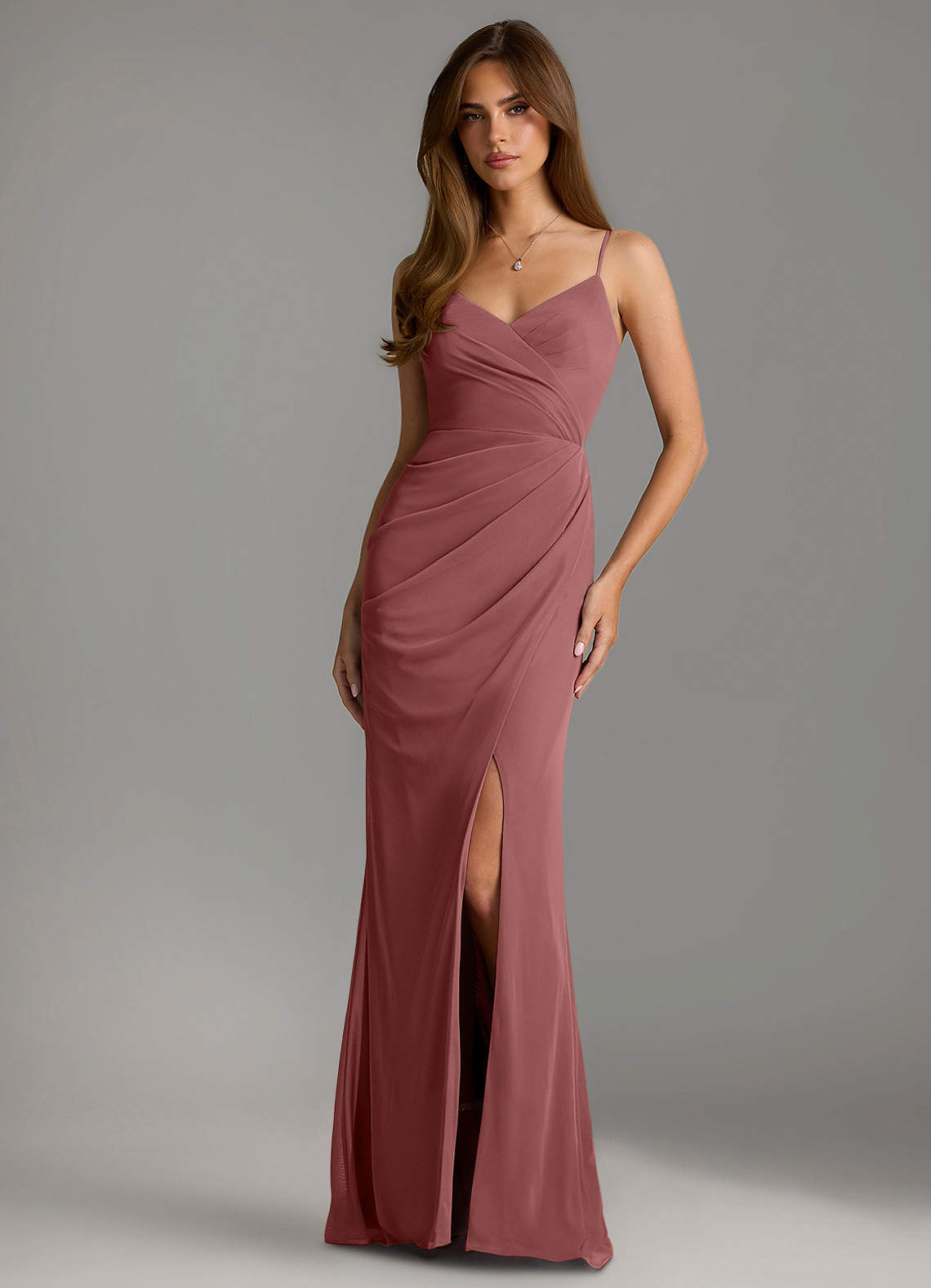 Azazie Maci Bridesmaid Dresses Amethyst Sheath Pleated Mesh Dress image1