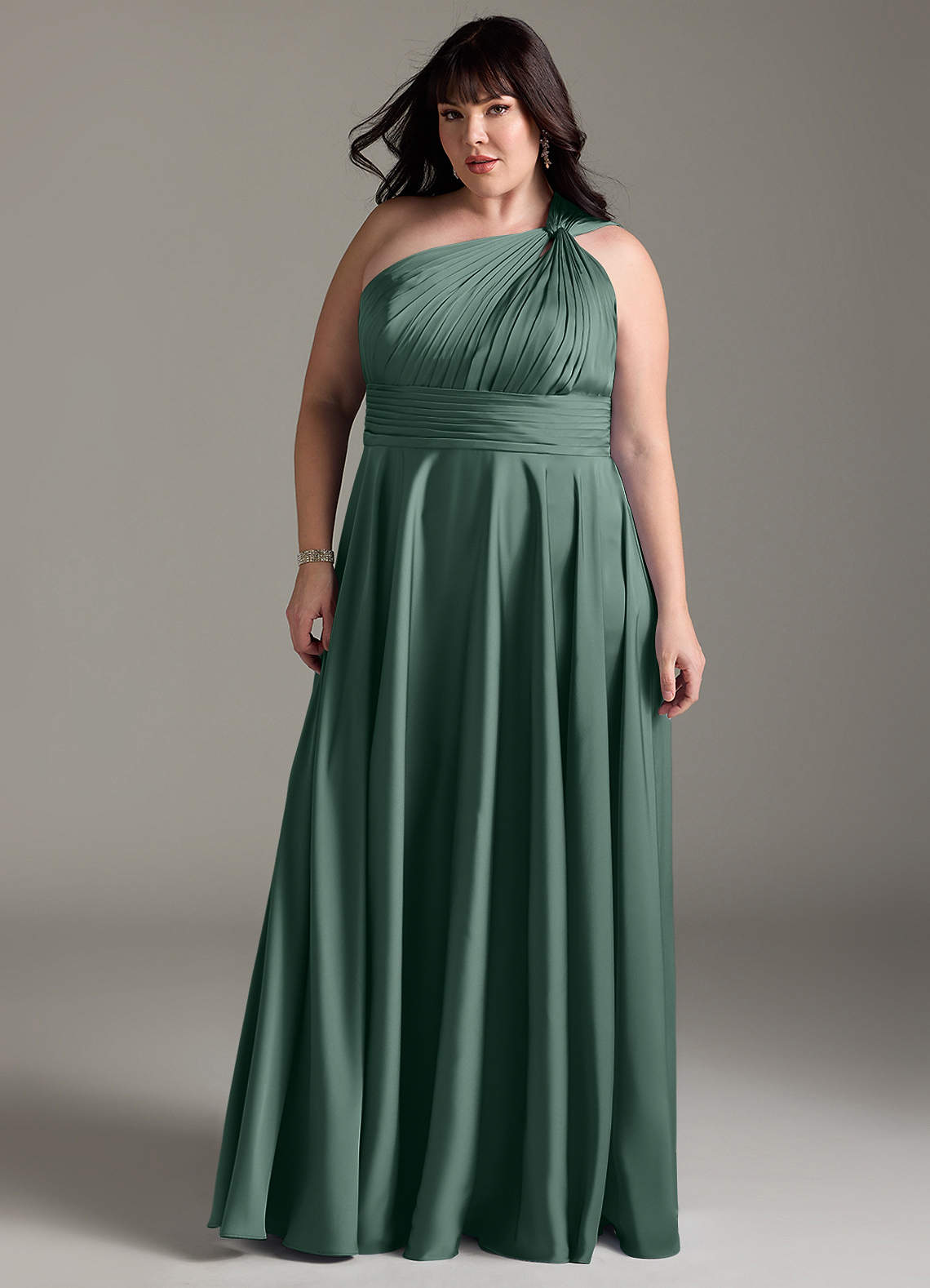 Azazie Charlize Bridesmaid Dresses Eucalyptus A-Line One Shoulder Stretch Satin Dress image12