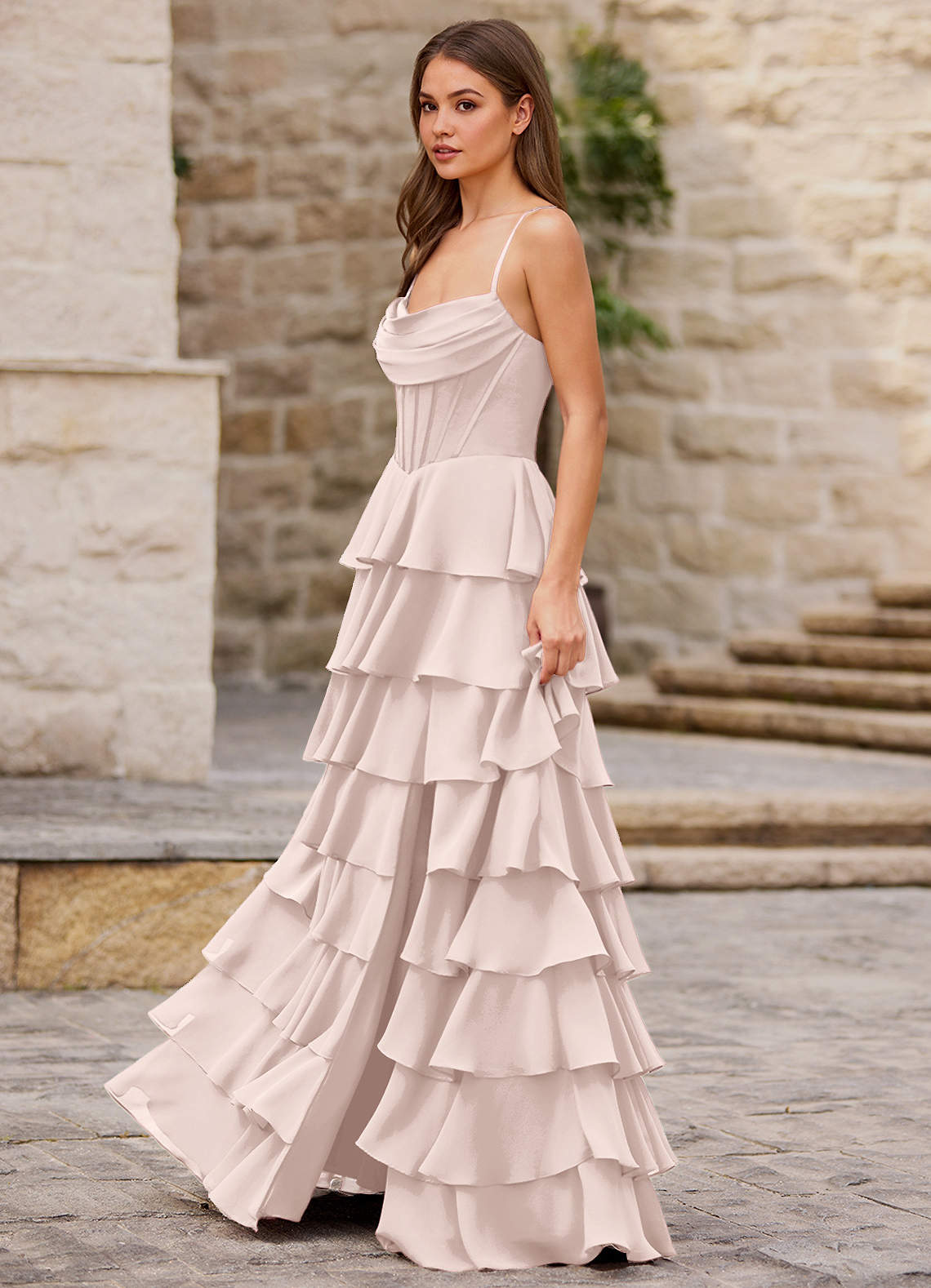 beaded midi dress with sheer ruffled sleeves in frosted sage Ella Cream Crepe Formal Maxi Dress