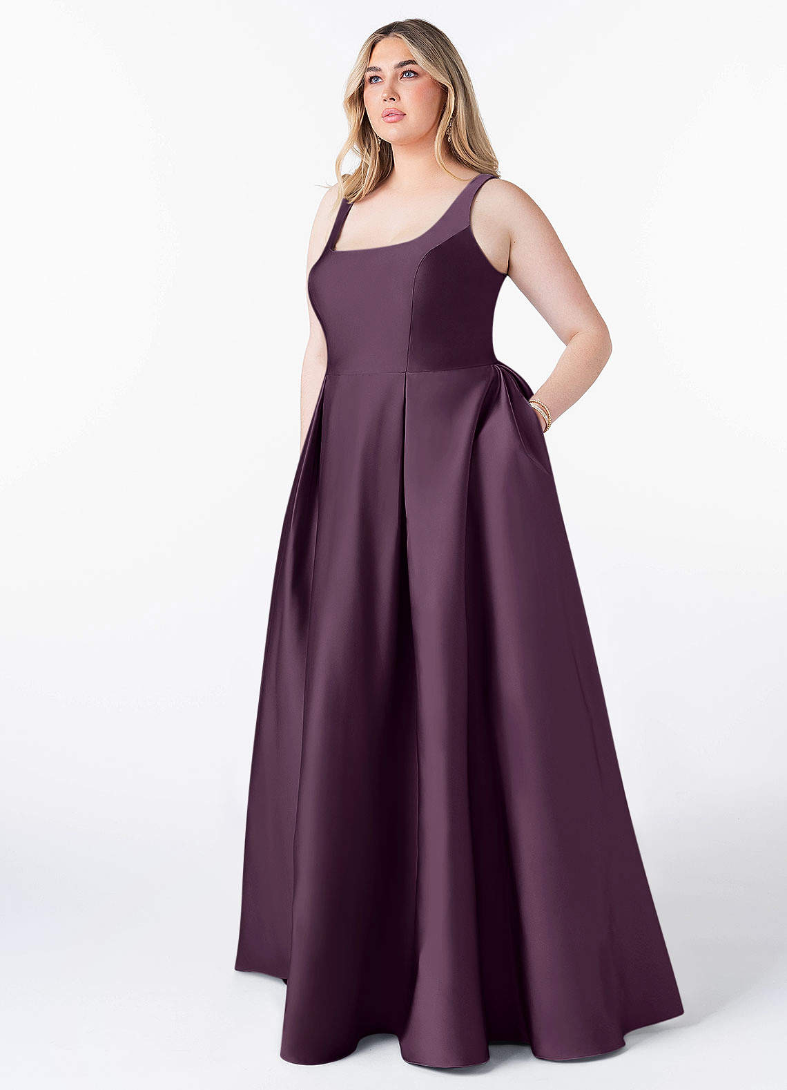 Azazie Neve Bridesmaid Dresses Plum Ball-Gown with Pockets Stretch Satin Dress image1