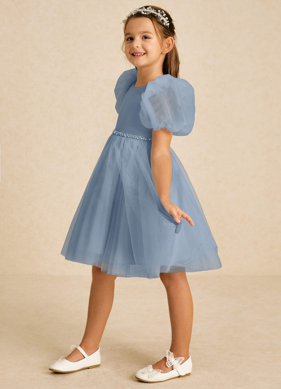 Azazie Blondie Robe Demoiselle D'honneur Fillette Robe Trapèze en Tulle avec manches Bleu Poussiéreux image1