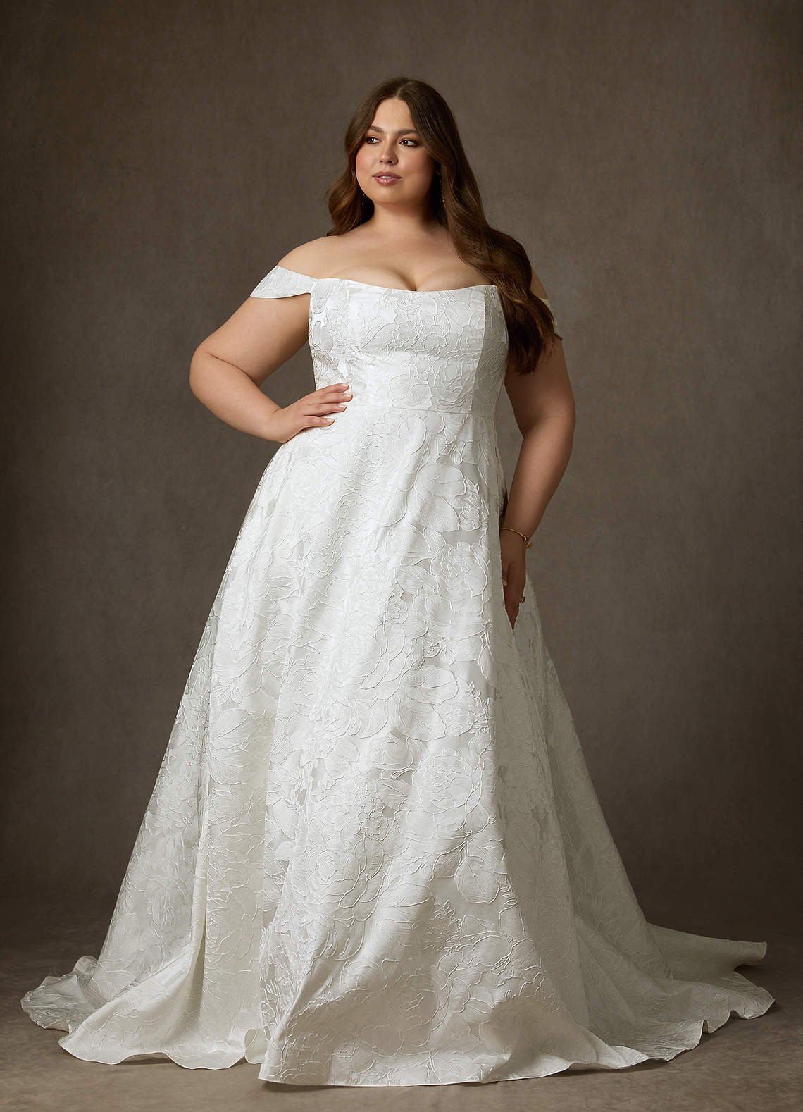 Azazie Amaya Hochzeitskleider Ballkleid Schulterfrei Blumen-Jacquard Kleid Diamantweiß image8
