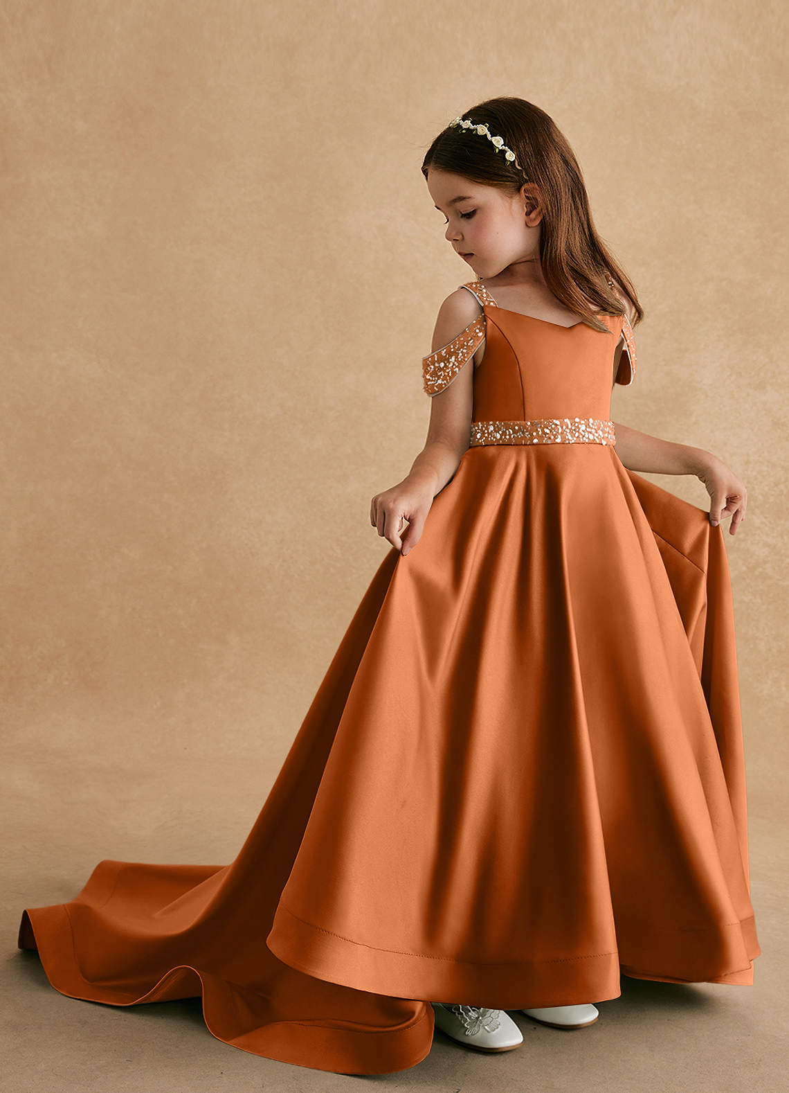 Azazie Jodi vestidos de niña de las flores Vestido de Cobre de Satin Mate de Corte En A image1